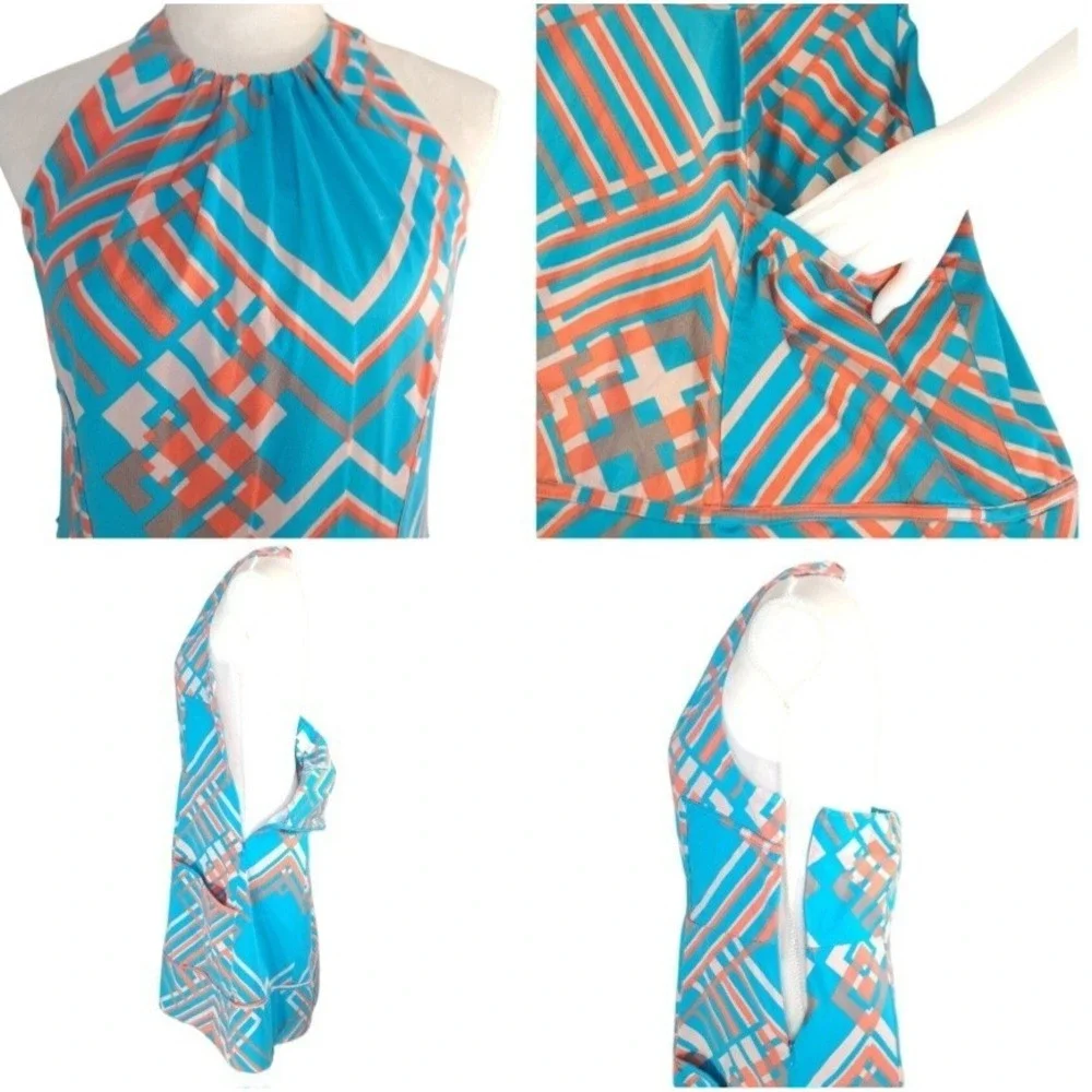 Jessica Simpson Dress Size 14 Blue Geometric Halter Pockets Stretch Cotton Lined
